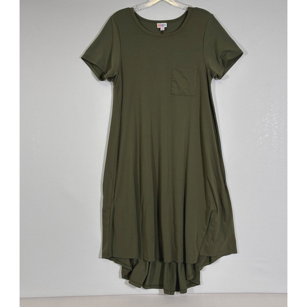 LuLaRoe Carly Dress Small Olive Green Short Sleeve High Low Pocket Swing Relaxed